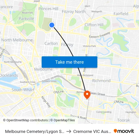 Melbourne Cemetery/Lygon St #115 to Cremorne VIC Australia map