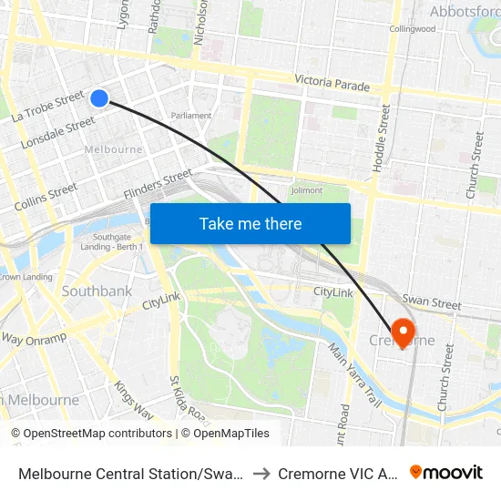 Melbourne Central Station/Swanston St #8 to Cremorne VIC Australia map