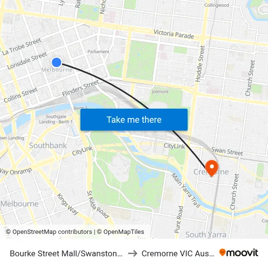 Bourke Street Mall/Swanston St #10 to Cremorne VIC Australia map