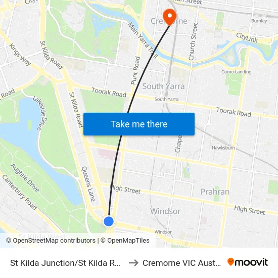 St Kilda Junction/St Kilda Rd #30 to Cremorne VIC Australia map