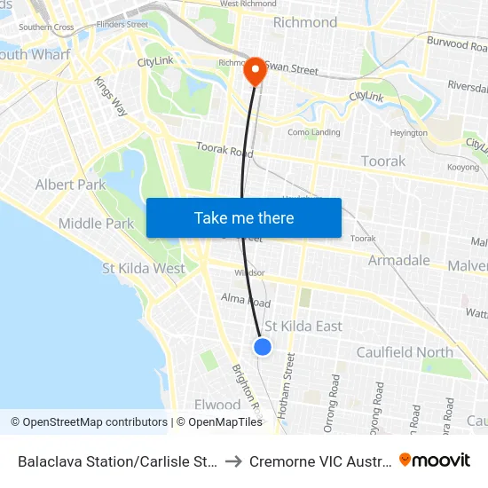 Balaclava Station/Carlisle St #38 to Cremorne VIC Australia map