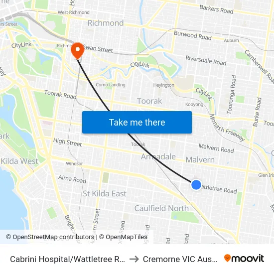 Cabrini Hospital/Wattletree Rd #47 to Cremorne VIC Australia map
