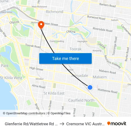 Glenferrie Rd/Wattletree Rd #45 to Cremorne VIC Australia map