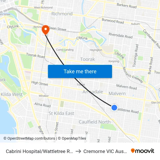 Cabrini Hospital/Wattletree Rd #47 to Cremorne VIC Australia map