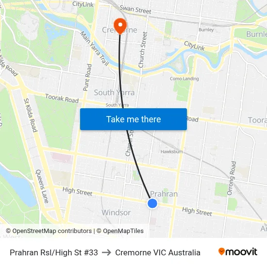 Prahran Rsl/High St  #33 to Cremorne VIC Australia map