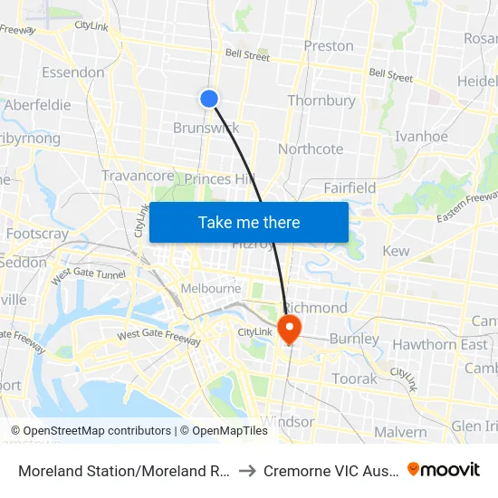 Moreland Station/Moreland Rd #133 to Cremorne VIC Australia map
