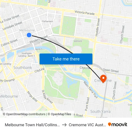 Melbourne Town Hall/Collins St #6 to Cremorne VIC Australia map