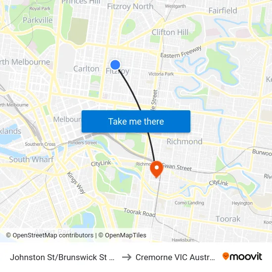 Johnston St/Brunswick St #16 to Cremorne VIC Australia map
