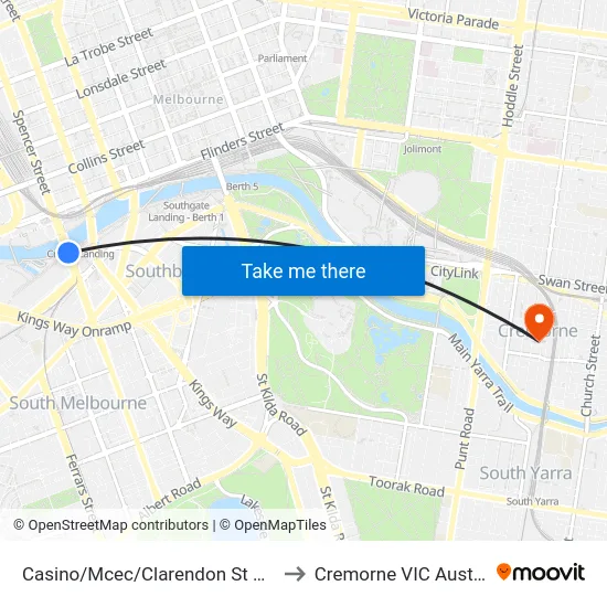 Casino/Mcec/Clarendon St #124a to Cremorne VIC Australia map