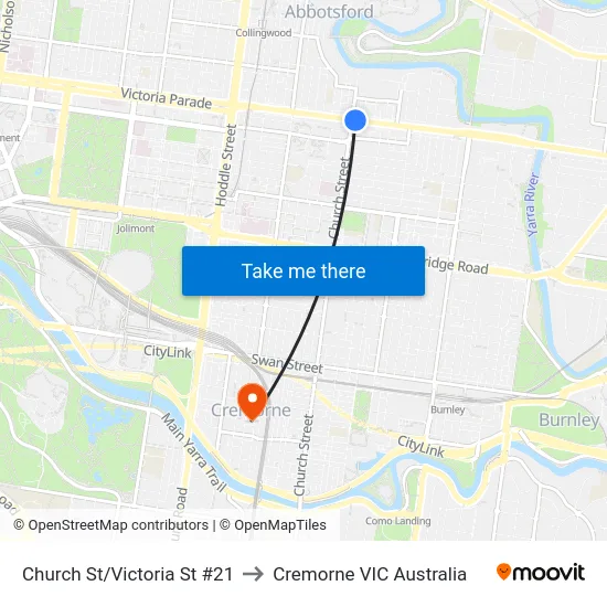 Church St/Victoria St #21 to Cremorne VIC Australia map