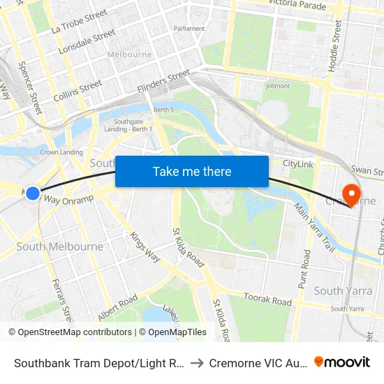 Southbank Tram Depot/Light Rail #125a to Cremorne VIC Australia map