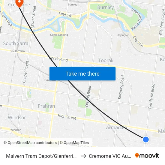 Malvern Tram Depot/Glenferrie Rd #56 to Cremorne VIC Australia map