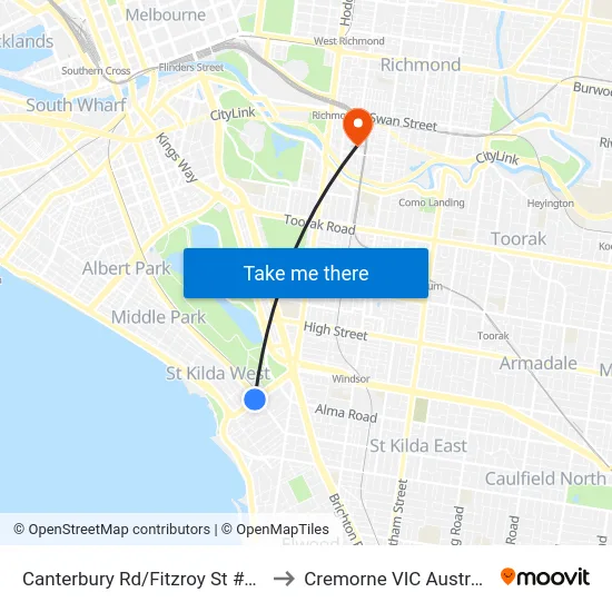 Canterbury Rd/Fitzroy St #133 to Cremorne VIC Australia map