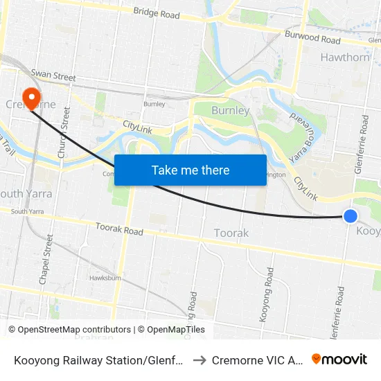 Kooyong Railway Station/Glenferrie Rd #65 to Cremorne VIC Australia map