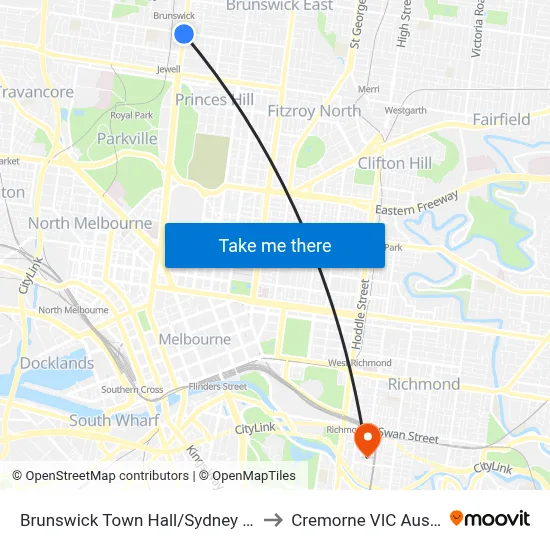 Brunswick Town Hall/Sydney Rd #21 to Cremorne VIC Australia map