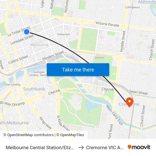 Melbourne Central Station/Elizabeth St #5 to Cremorne VIC Australia map