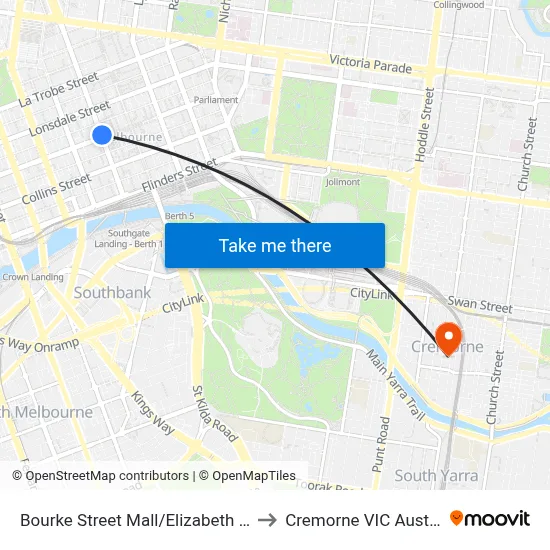 Bourke Street Mall/Elizabeth St #3 to Cremorne VIC Australia map
