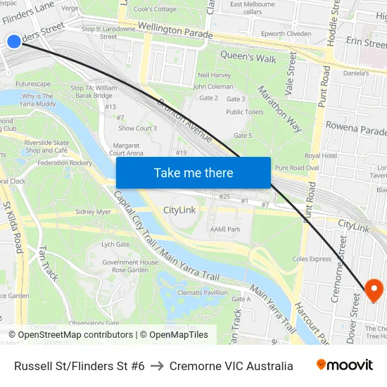 Russell St/Flinders St #6 to Cremorne VIC Australia map