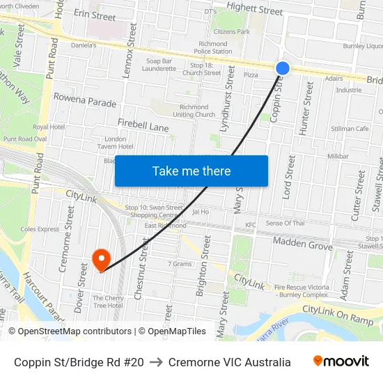 Coppin St/Bridge Rd #20 to Cremorne VIC Australia map