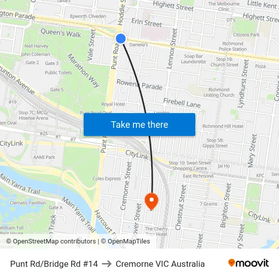 Punt Rd/Bridge Rd #14 to Cremorne VIC Australia map