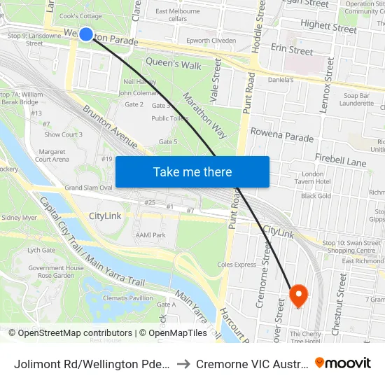 Jolimont Rd/Wellington Pde #10 to Cremorne VIC Australia map