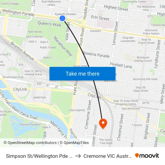 Simpson St/Wellington Pde #13 to Cremorne VIC Australia map