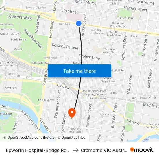 Epworth Hospital/Bridge Rd #15 to Cremorne VIC Australia map