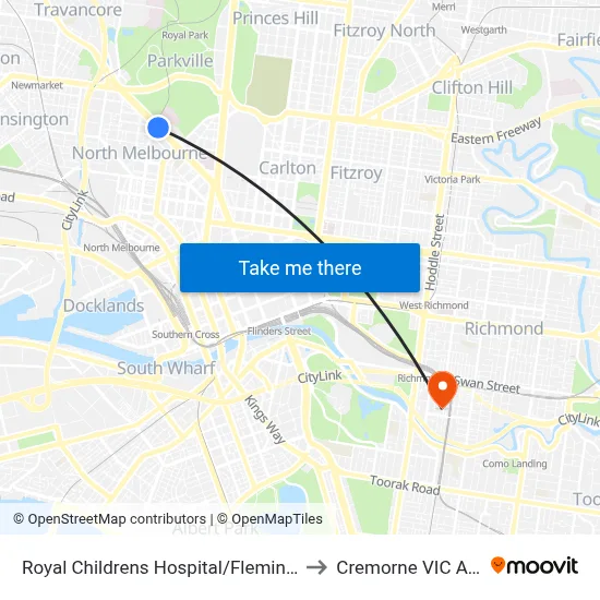Royal Childrens Hospital/Flemington Rd #19 to Cremorne VIC Australia map