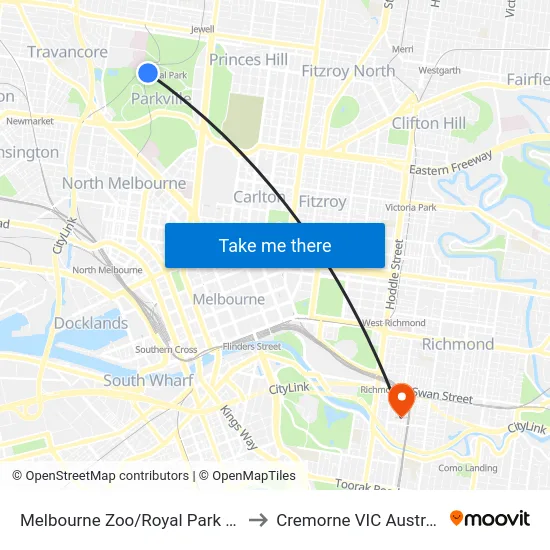 Melbourne Zoo/Royal Park #26 to Cremorne VIC Australia map