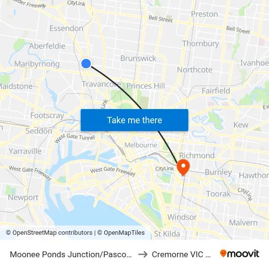 Moonee Ponds Junction/Pascoe Vale Rd #32 to Cremorne VIC Australia map