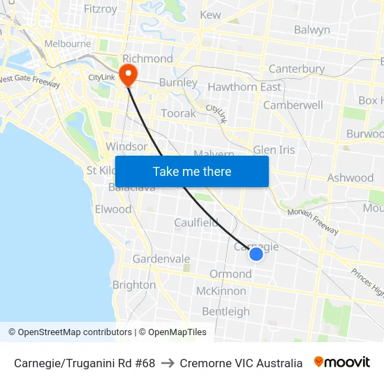 Carnegie/Truganini Rd #68 to Cremorne VIC Australia map