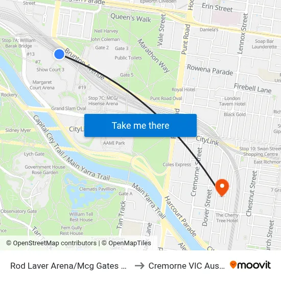 Rod Laver Arena/Mcg Gates 1-3 #7b to Cremorne VIC Australia map