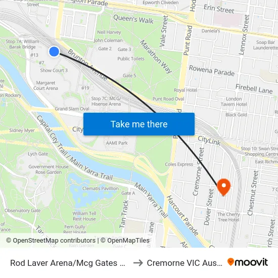 Rod Laver Arena/Mcg Gates 1-3 #7b to Cremorne VIC Australia map