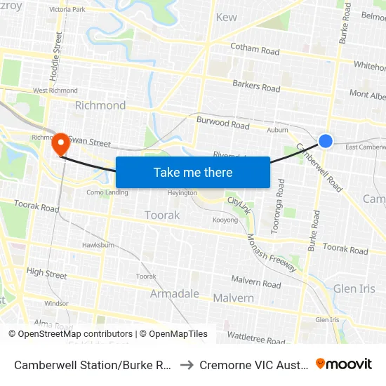 Camberwell Station/Burke Rd #64 to Cremorne VIC Australia map