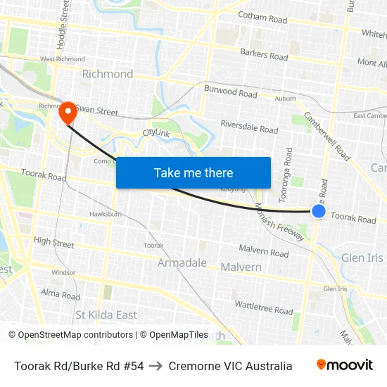 Toorak Rd/Burke Rd #54 to Cremorne VIC Australia map