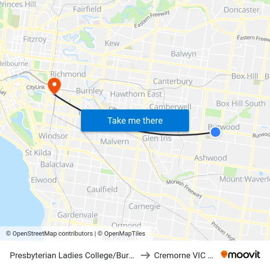 Presbyterian Ladies College/Burwood Hwy #61 to Cremorne VIC Australia map