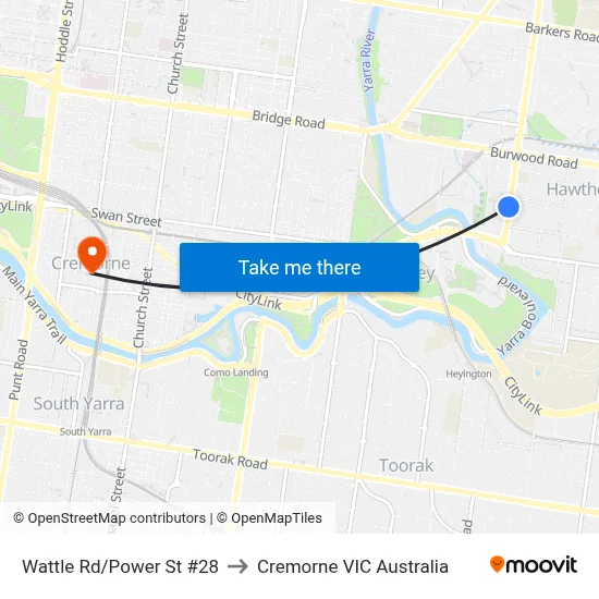 Wattle Rd/Power St #28 to Cremorne VIC Australia map