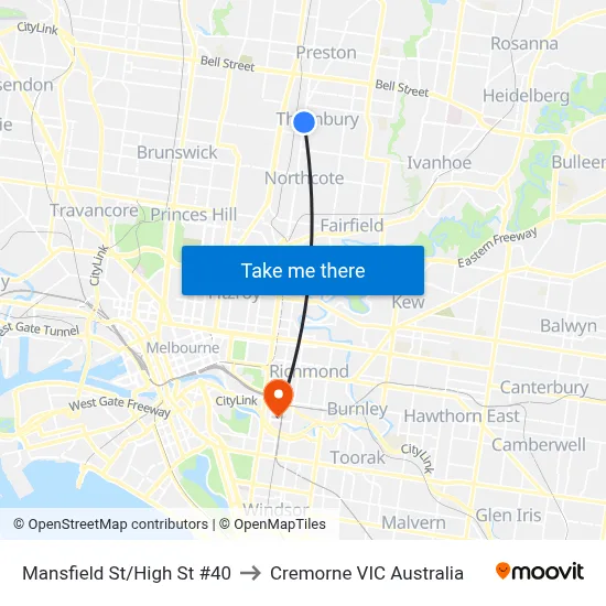 Mansfield St/High St #40 to Cremorne VIC Australia map