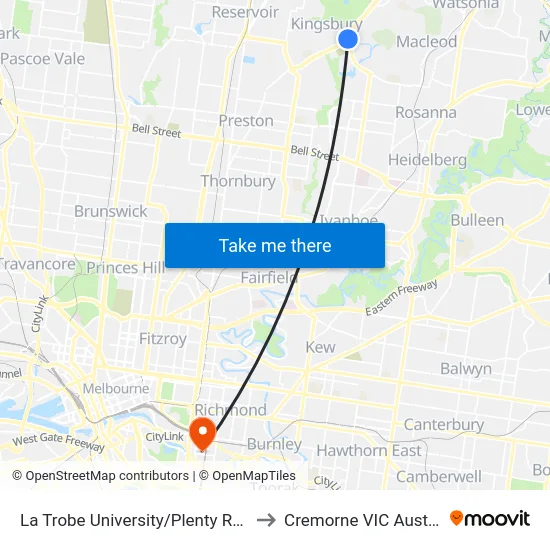 La Trobe University/Plenty Rd #60 to Cremorne VIC Australia map