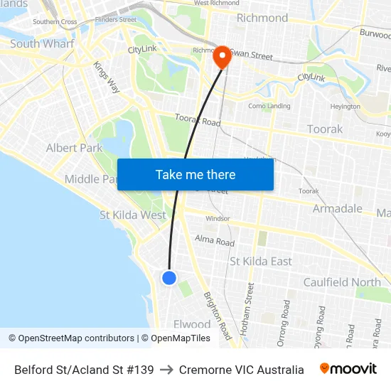 Belford St/Acland St #139 to Cremorne VIC Australia map