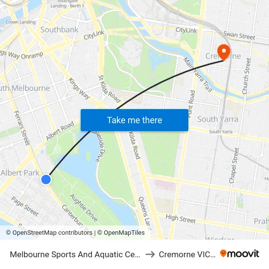 Melbourne Sports And Aquatic Centre/Light Rail #129 to Cremorne VIC Australia map