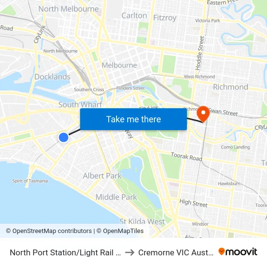 North Port Station/Light Rail #127 to Cremorne VIC Australia map