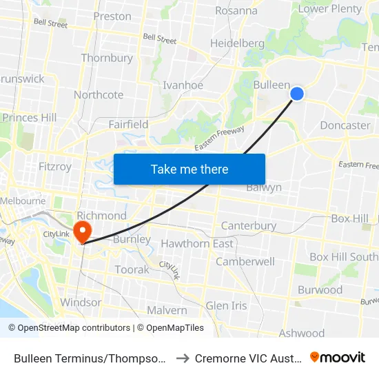 Bulleen Terminus/Thompsons Rd to Cremorne VIC Australia map