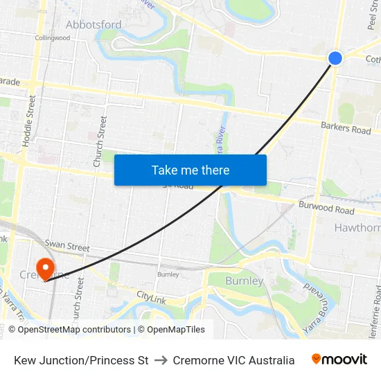 Kew Junction/Princess St to Cremorne VIC Australia map