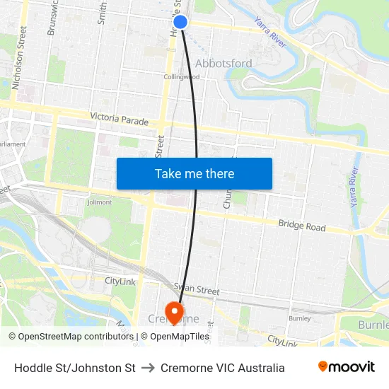 Hoddle St/Johnston St to Cremorne VIC Australia map