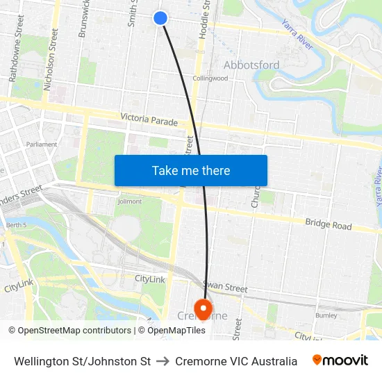 Wellington St/Johnston St to Cremorne VIC Australia map