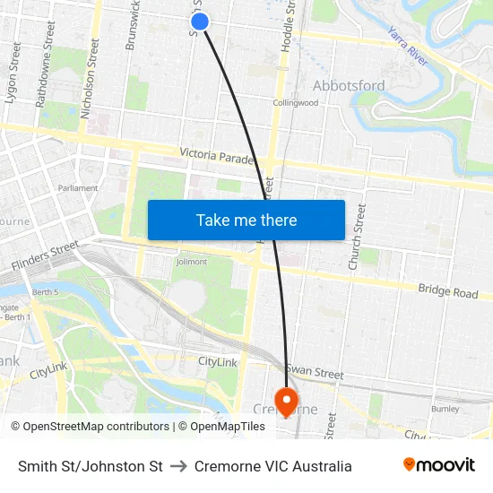 Smith St/Johnston St to Cremorne VIC Australia map