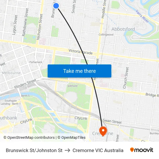 Brunswick St/Johnston St to Cremorne VIC Australia map