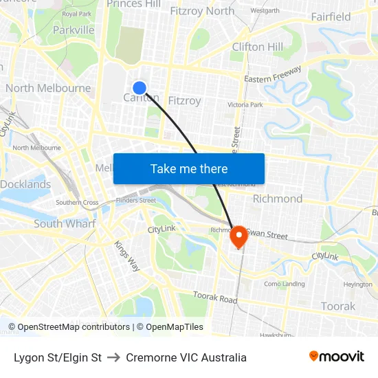 Lygon St/Elgin St to Cremorne VIC Australia map