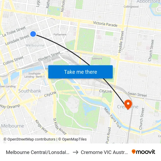 Melbourne Central/Lonsdale St to Cremorne VIC Australia map